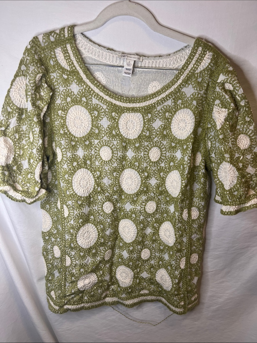 Cato Olive Green Crochet Overlay Top with Cream Circles